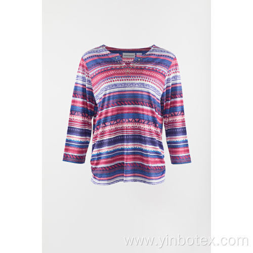 Poly knitting stripe 3/4 sleeve T shirt